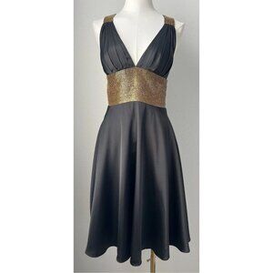 VINTAGE Y2K Dave & Johnny Gold Beaded Black Satin Halter Formal Dress Size 5/6